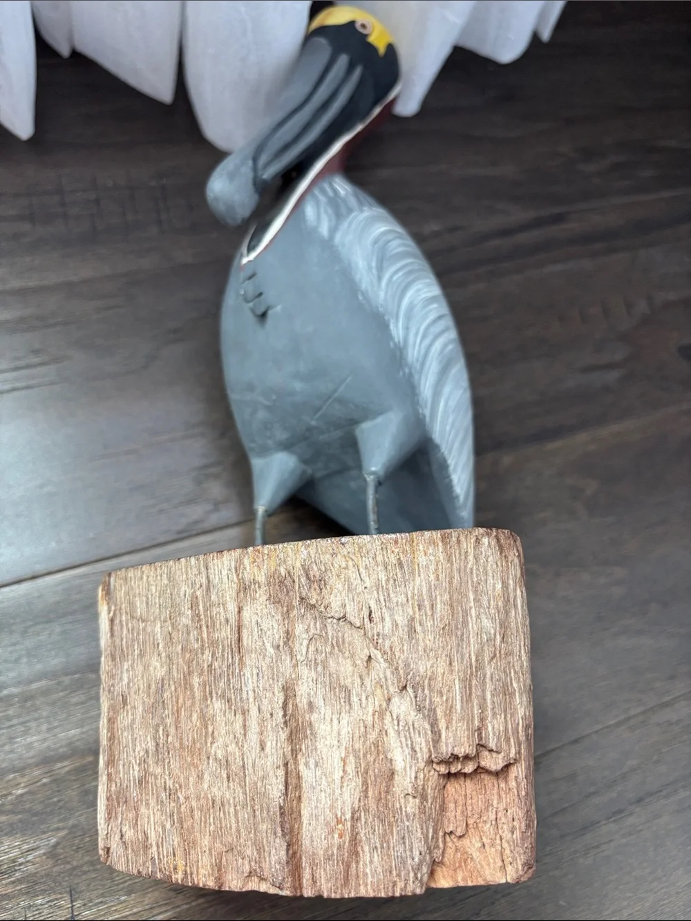 Casa Fernandez Vintage Hand Carved Hard Wood Painted perched Pelican,driftwood